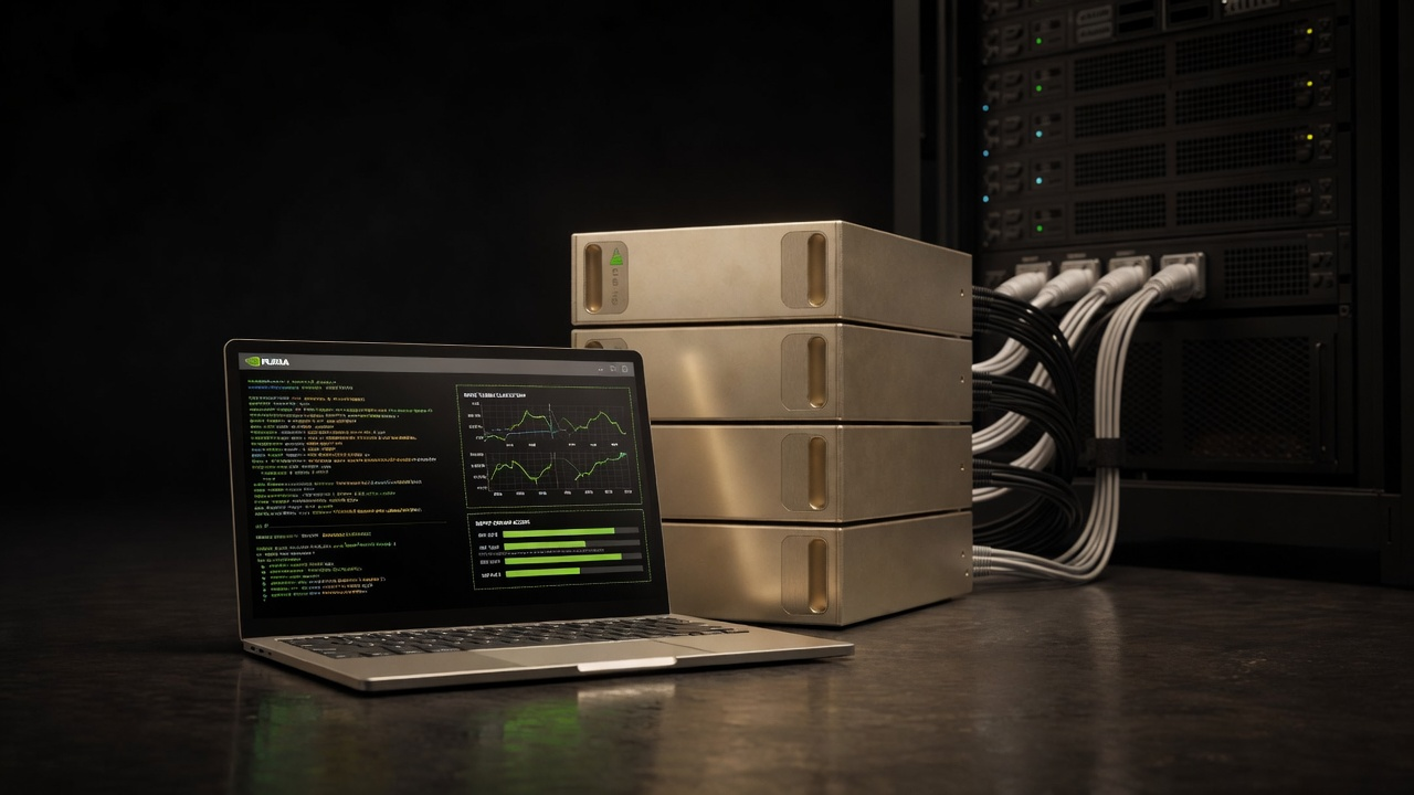 Operator laptop showing a terminal dashboard next to four NVIDIA DGX Spark units stacked vertically, data cables exiting the rear into an enterprise server rack.