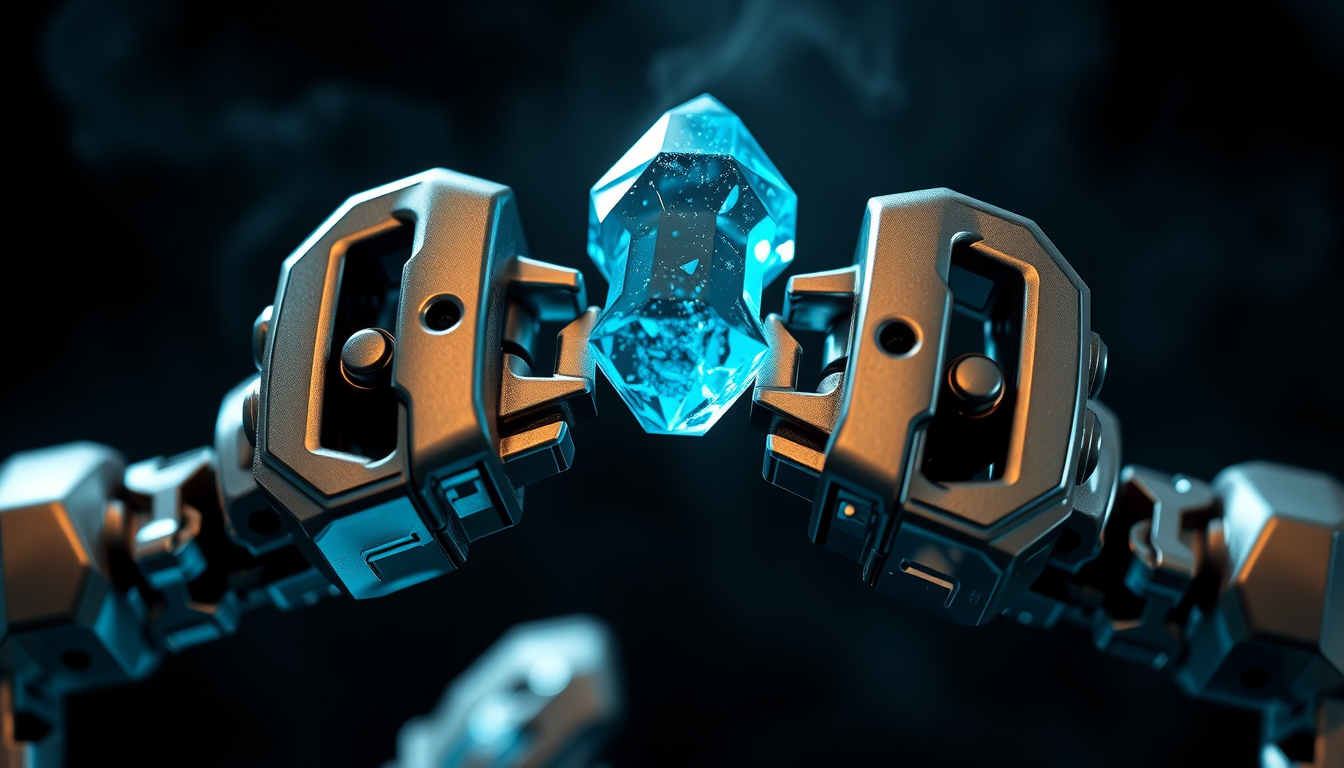 Extreme macro of two symmetric polished chrome two-prong industrial pincers passing a single faceted cyan crystal key between them on a dark smoky background. Symbolic: the agent being handed a credential, not taking one.